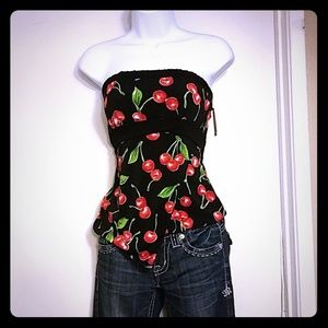 Black with cherry print tube top